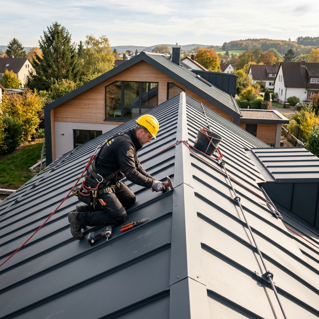 Dachdecker bei Stehfalzarbeit
